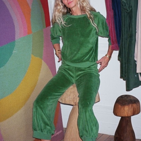 Suzi Kondi Pants - Suzi Kondi Green Velour Track Pants & Joggers